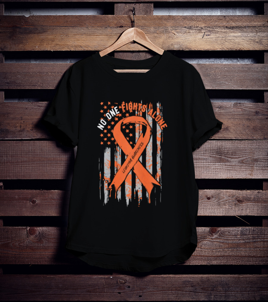 No One Fights Alone Leukemia Awareness Orange Ribbon American Flag T-Shirt