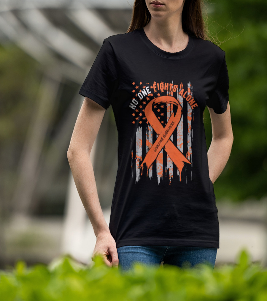 No One Fights Alone Leukemia Awareness Orange Ribbon American Flag T-Shirt