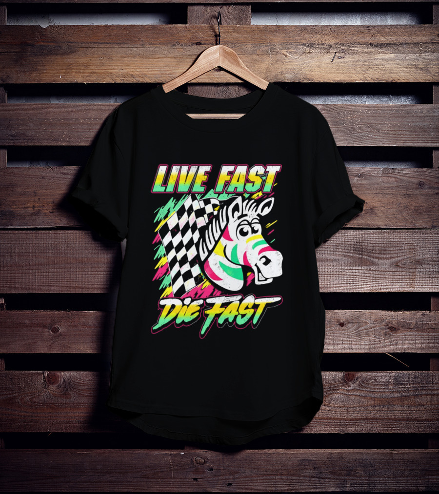 Zebra Checkered Flag Live Fast Die Fast Retro Neon T-Shirt
