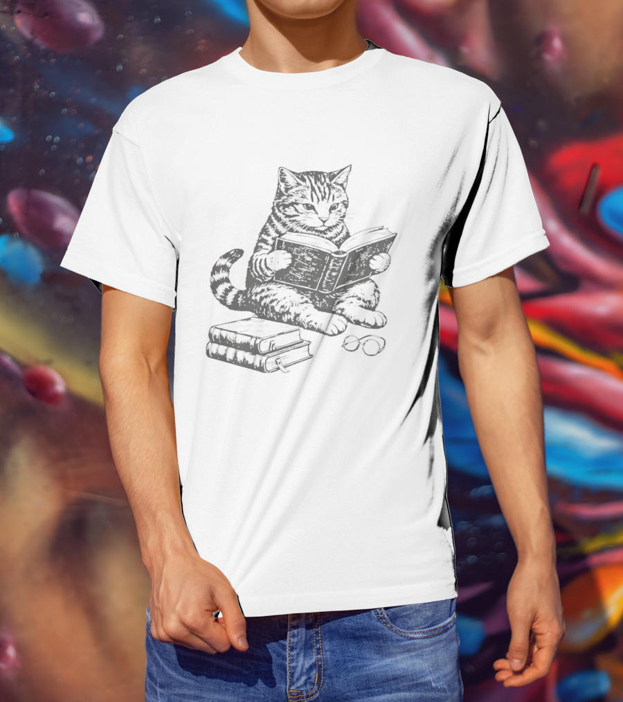 Tabby Cat Sitting And Reading Book With Stacked Books Beneath T-Shirt