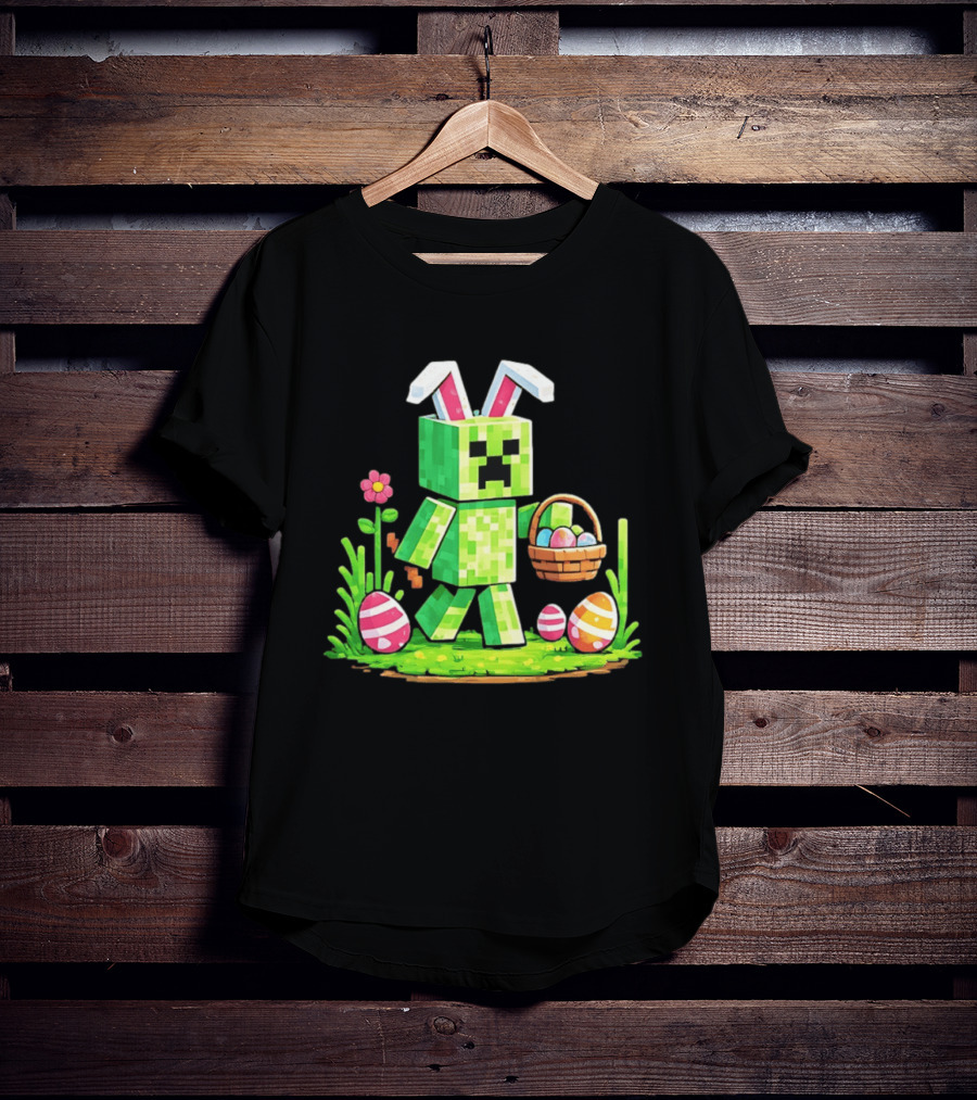 Creeper Rabbit Ears Easter Egg Hunt Gamer Pixel T-Shirt