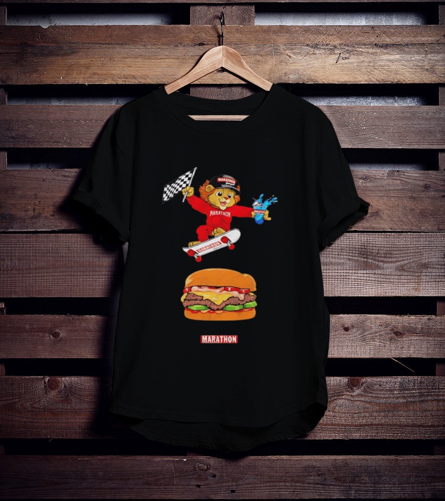 Marathon Lion Skateboarding Checkered Flag Cheeseburger T-Shirt