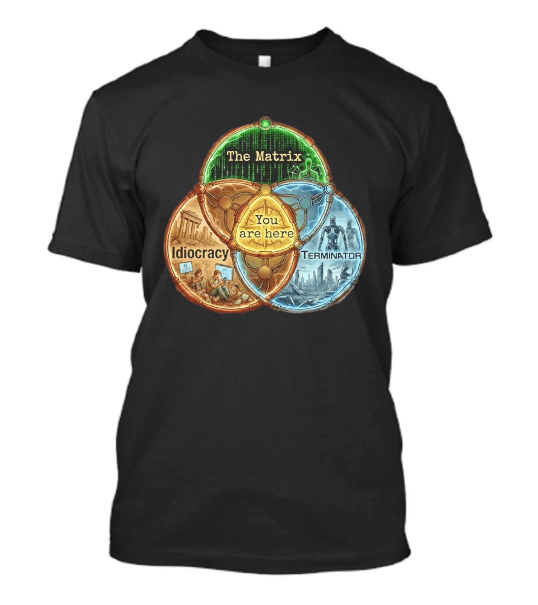 The Matrix Idiocracy Terminator You Are Here Fusion Of Iconic Sci Fi Dystopias T-Shirt