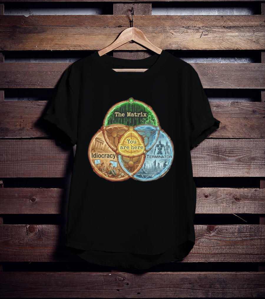 The Matrix Idiocracy Terminator You Are Here Fusion Of Iconic Sci Fi Dystopias T-Shirt