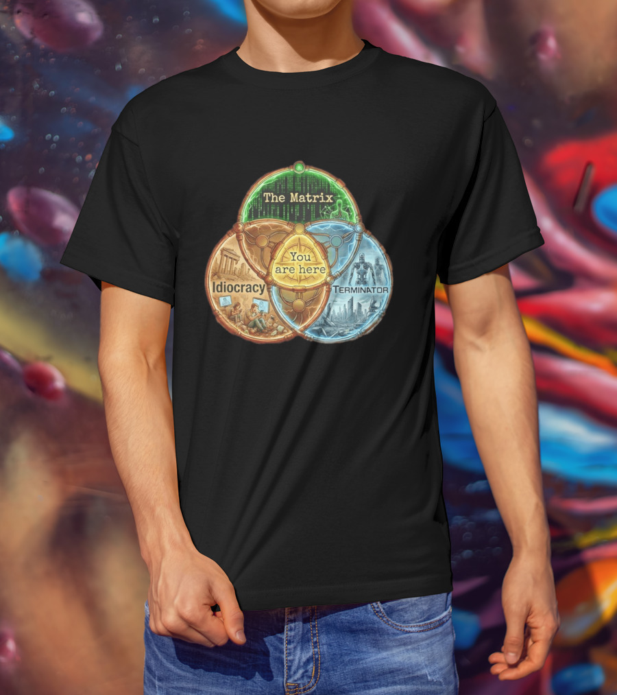 The Matrix Idiocracy Terminator You Are Here Fusion Of Iconic Sci Fi Dystopias T-Shirt