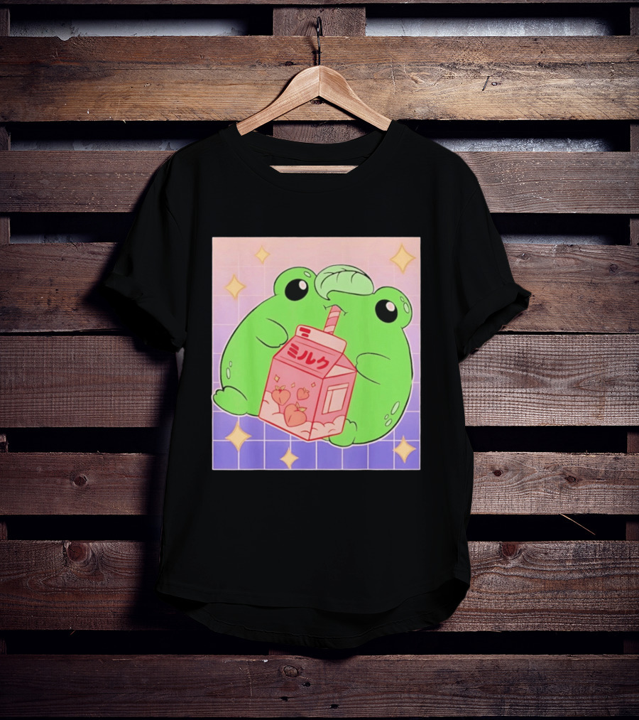 Frog With Peach Milk Box Kawaii Cartoon T-Shirt