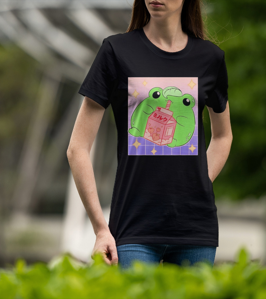 Frog With Peach Milk Box Kawaii Cartoon T-Shirt