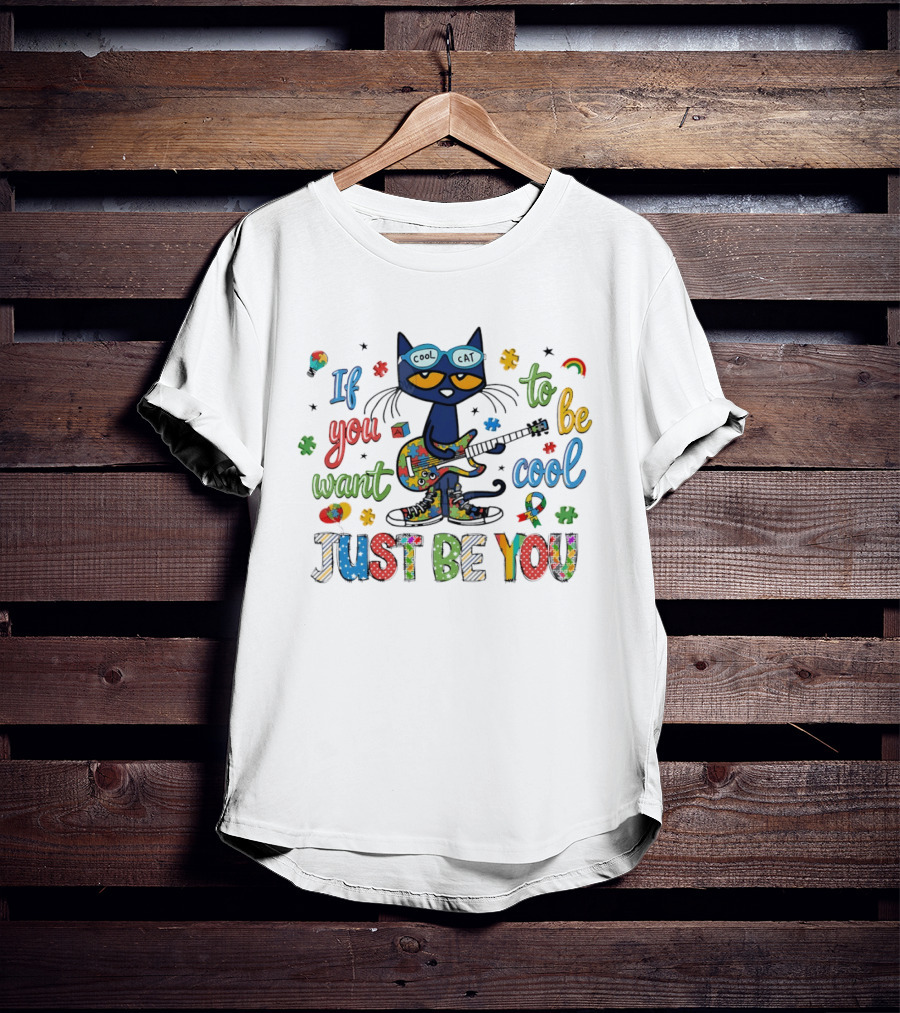 Cool Cat Just Be You Autism Puzzle Guitar T-Shirt