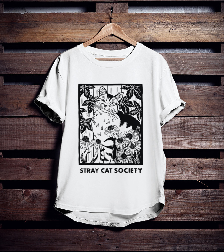Stray Cat Society Floral And Feline Illustration With Botanical T-Shirt