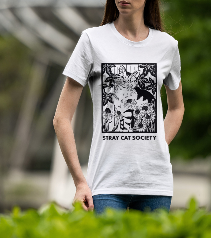 Stray Cat Society Floral And Feline Illustration With Botanical T-Shirt