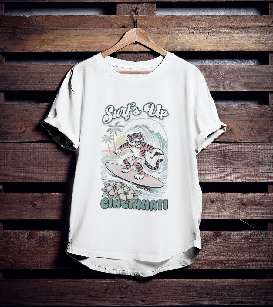 Surf's Up Cincinnati Tiger Riding Wave With Palm Trees And Sunset T-Shirt