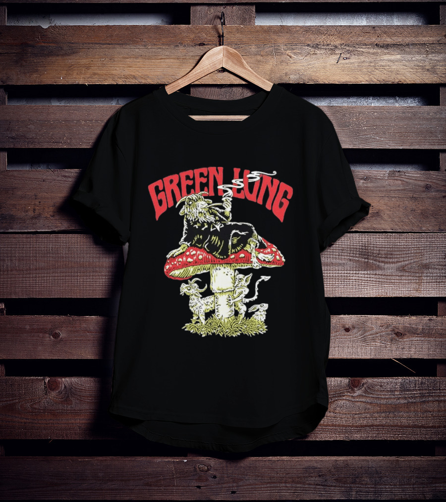 Green Lung Band Goat Smoking On Mushroom Old English Black Magic T-Shirt