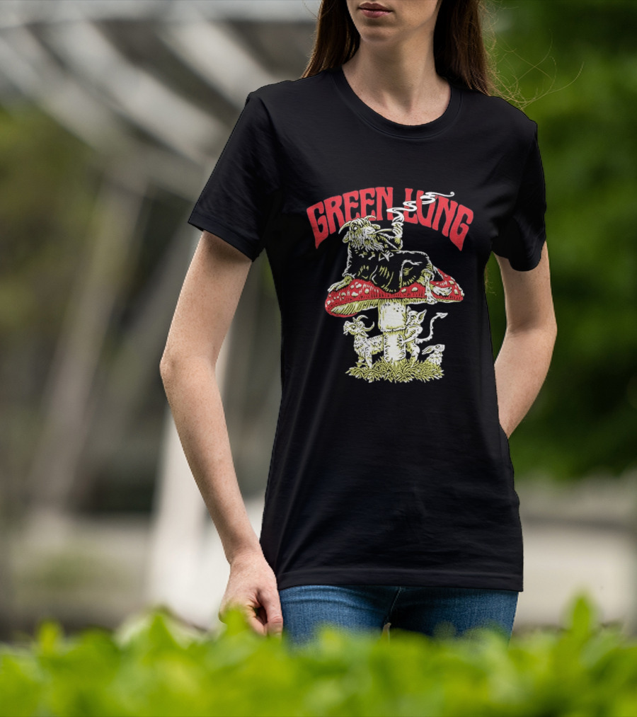 Green Lung Band Goat Smoking On Mushroom Old English Black Magic T-Shirt