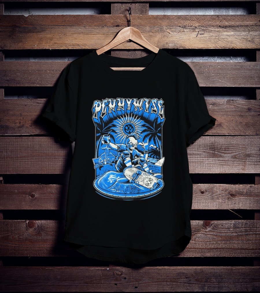 Pennywise South America Tour 2026 Skater Beach Scene With Skeleton And Skateboard Palms Waves Cup Blue Sunburst T-Shirt