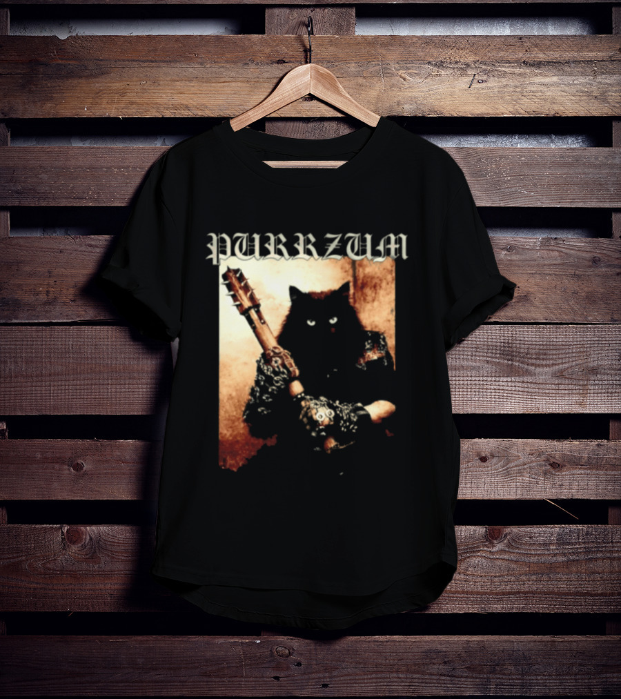 Purrzum Cat Black Metal Aesthetic Feline Holding Guitar T-Shirt