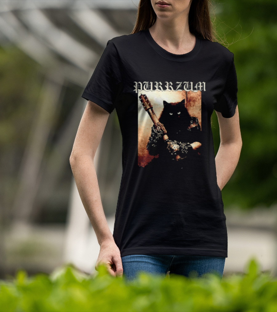 Purrzum Cat Black Metal Aesthetic Feline Holding Guitar T-Shirt