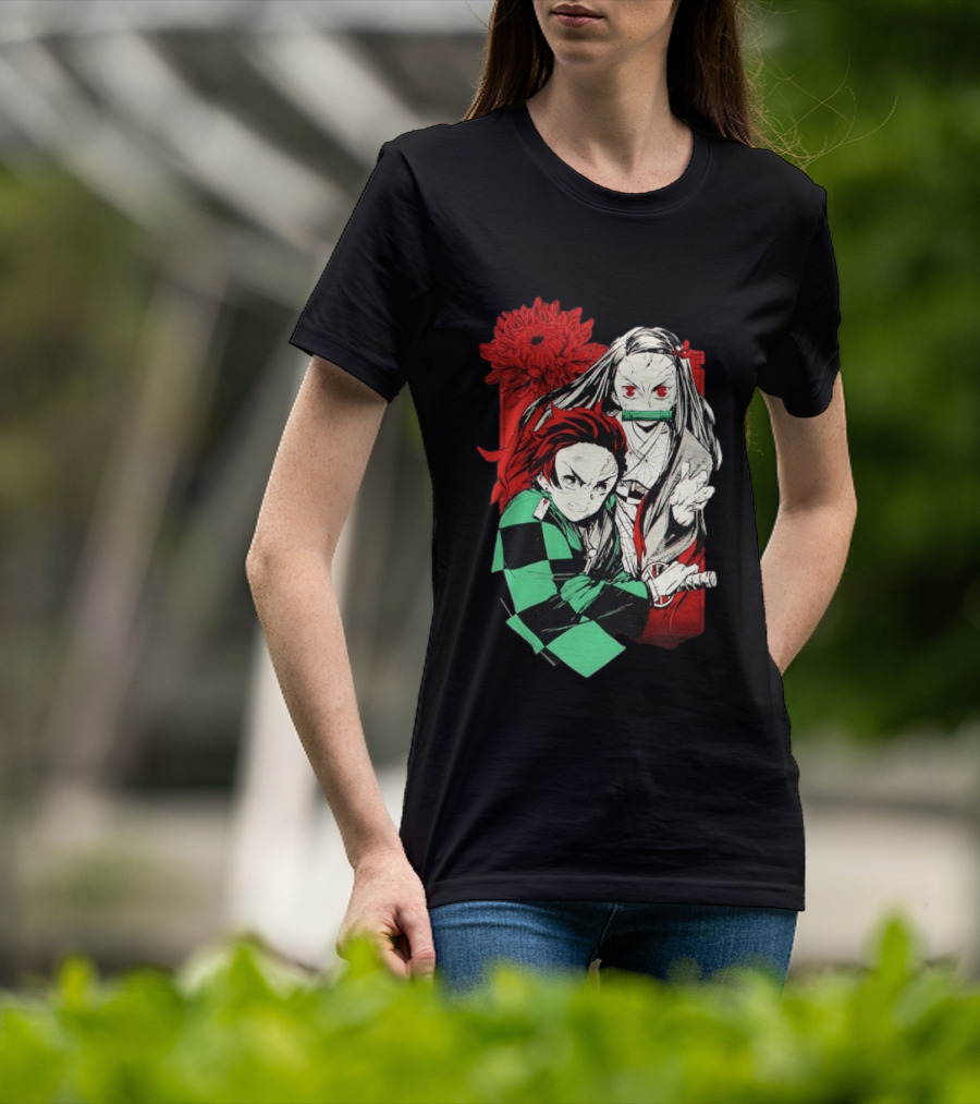 Tanjiro And Nezuko Demon Slayer Manga Red Flower T-Shirt
