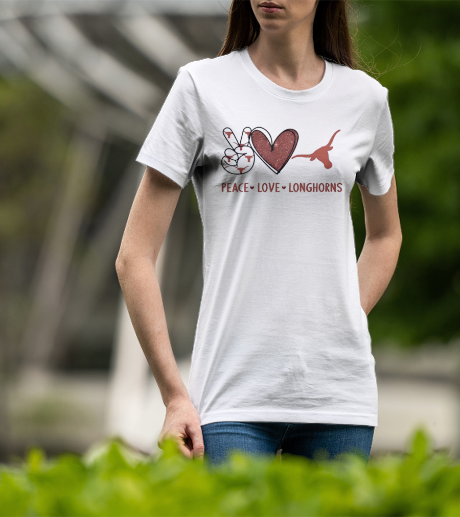 Peace Love Longhorns Hand Sign Heart Shape Texas Longhorns T-Shirt