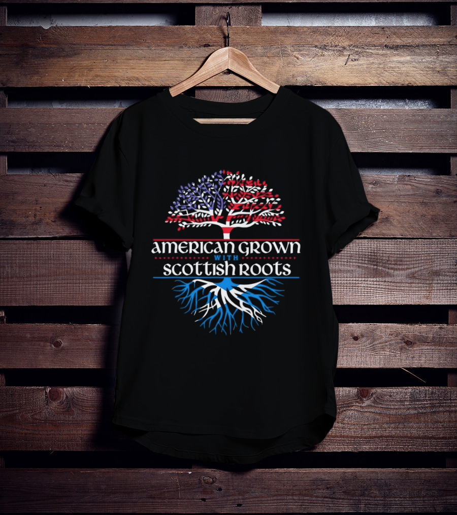 American Grown With Scottish Roots Tree American Flag Scotland Flag T-Shirt