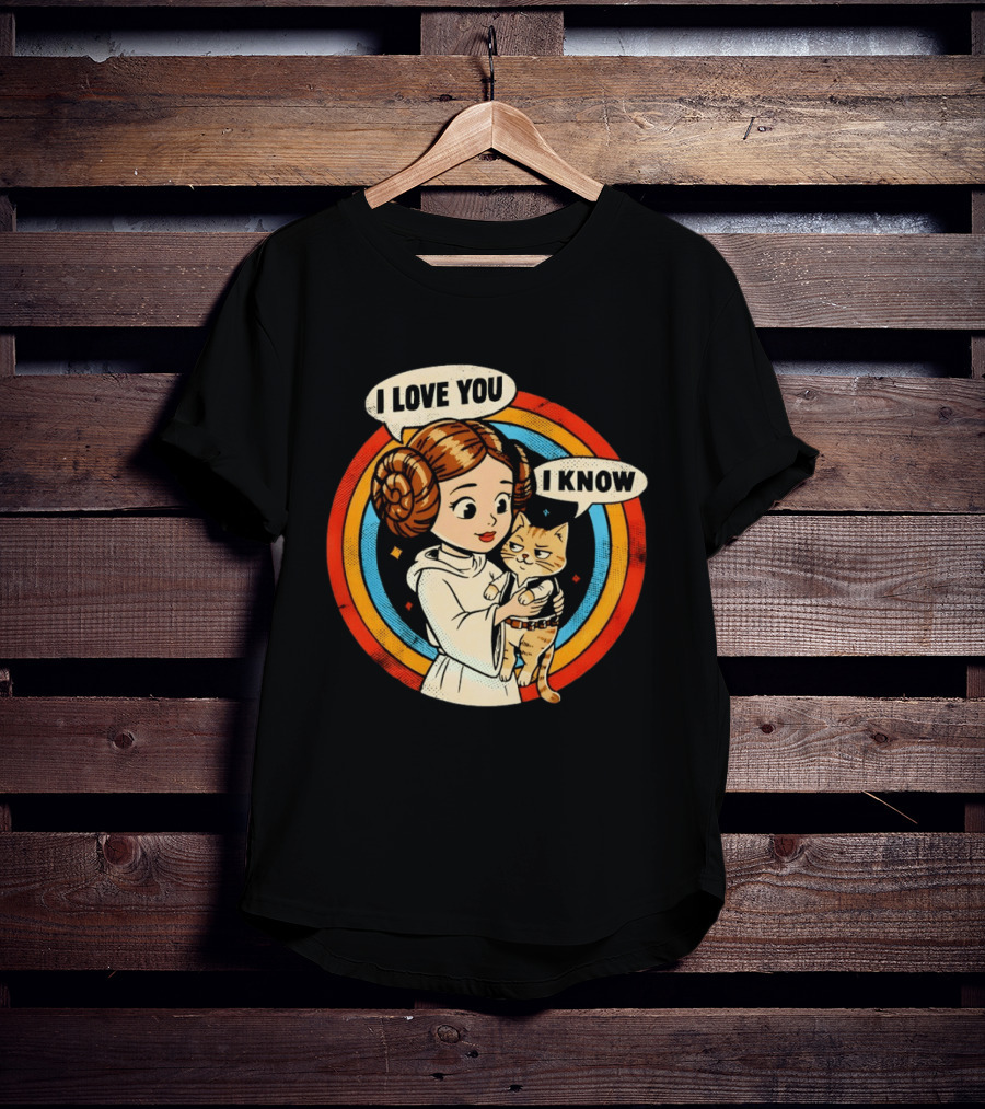 Princess Leia Style Girl Holding Cat I Love You I Know Retro 70s Cartoon T-Shirt