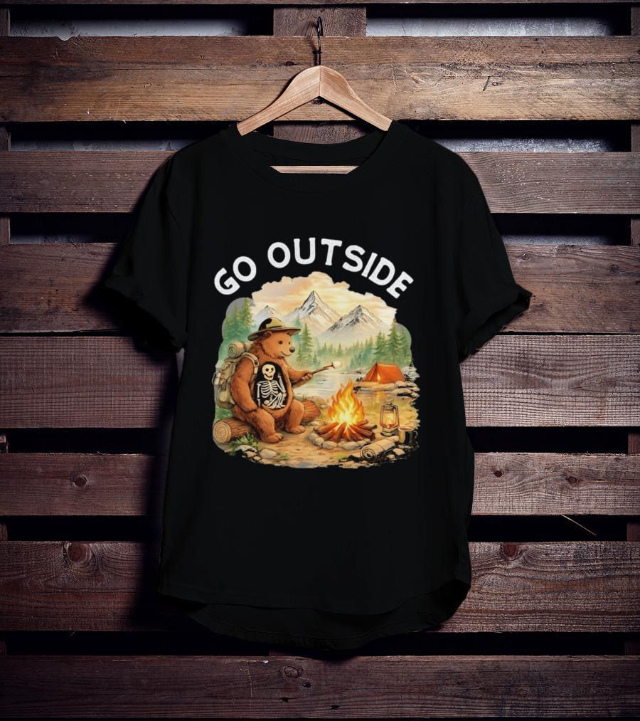 Hiking Bear Campfire Skeleton Inside Bear's Stomach Go Outside T-Shirt