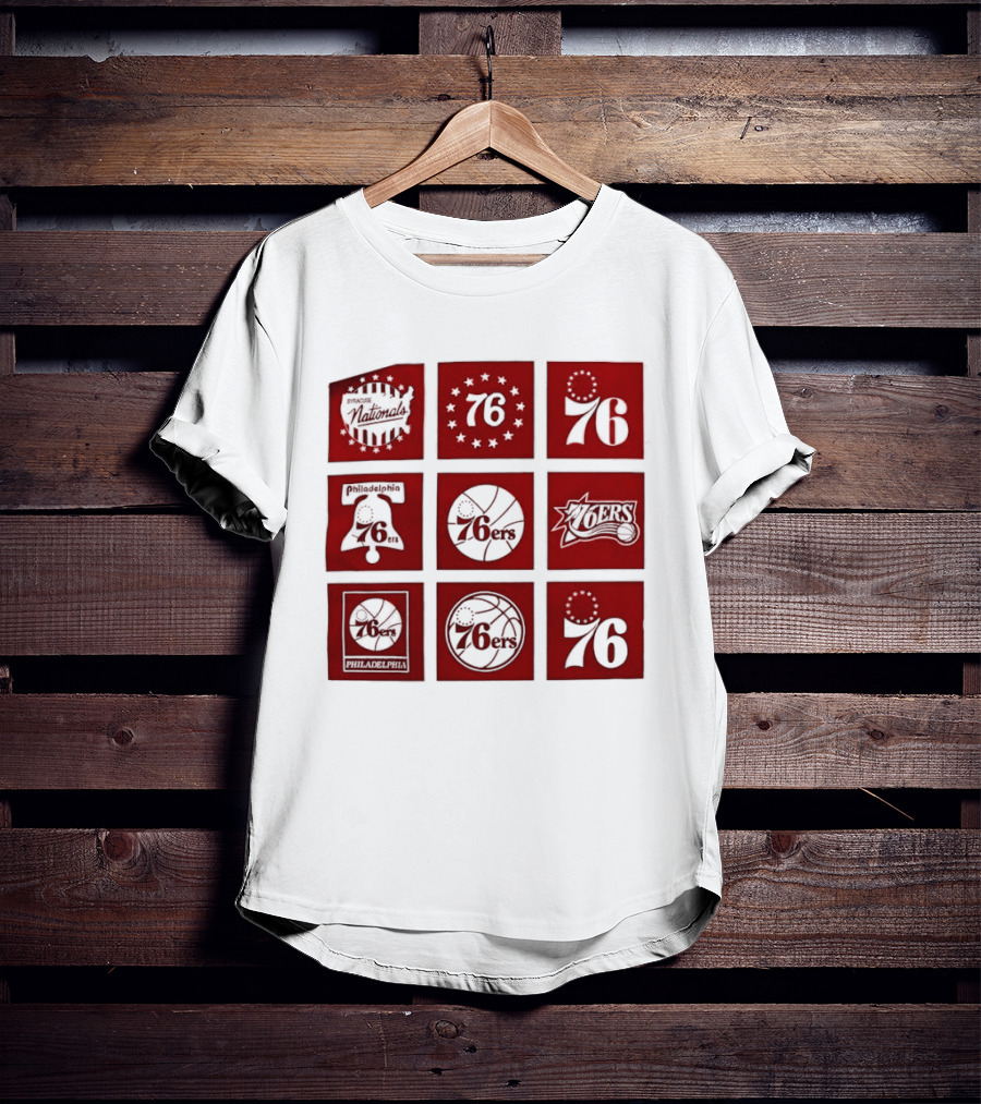 Philadelphia 76ers NBA Team Retro Icons And Number 76 Basketball Squares T-Shirt