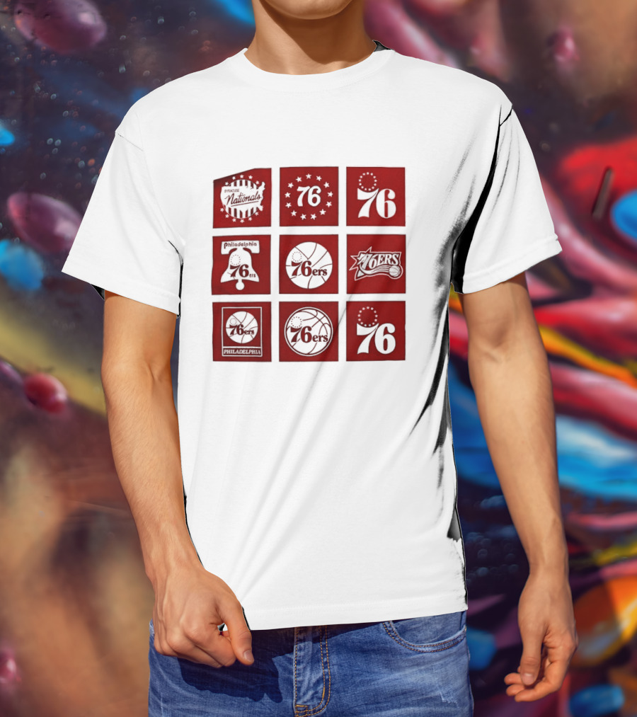 Philadelphia 76ers NBA Team Retro Icons And Number 76 Basketball Squares T-Shirt