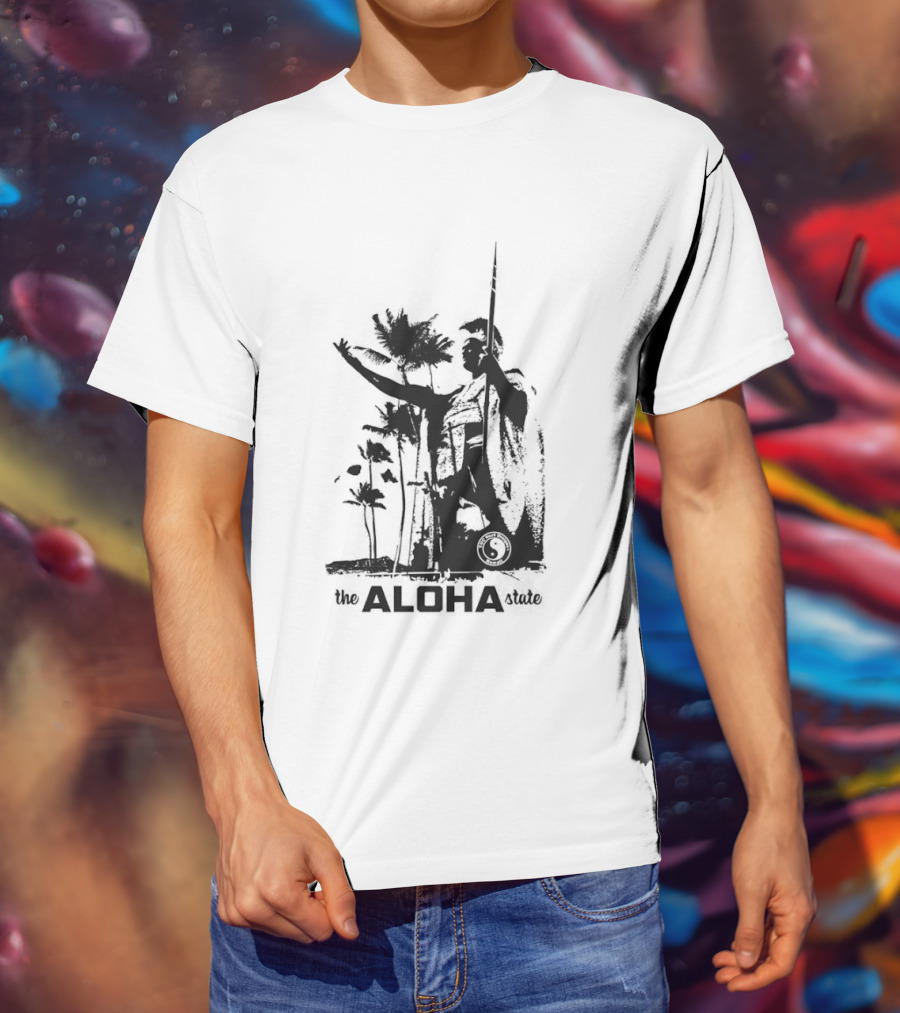 The Aloha State Ka Black White Hawaiian King Statue Palms T-Shirt