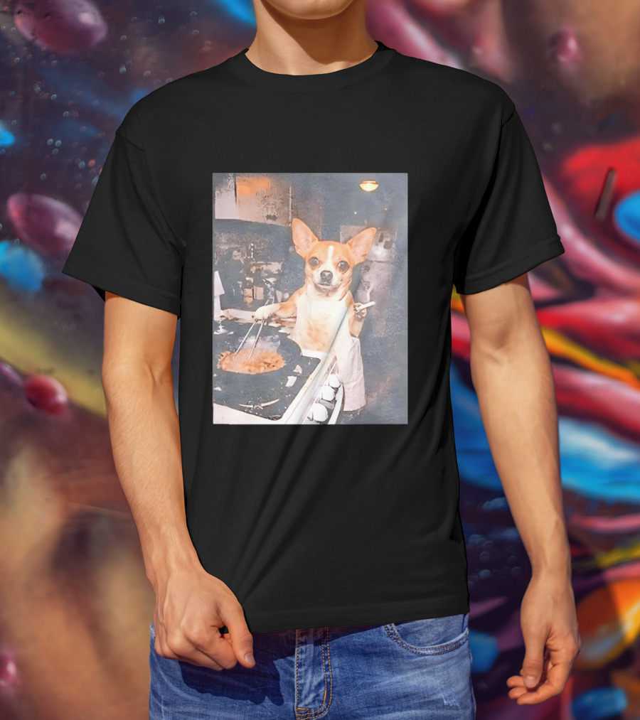 Chihuahua In Apron Cooking While Smoking In Vintage Kitchen Scene T-Shirt