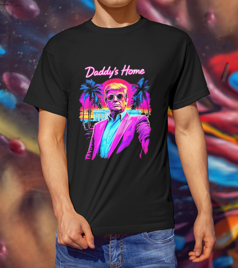 Daddy's Home Donald Trump Synthwave Sunset Beach Scene T-Shirt