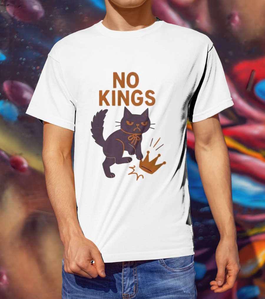 No Kings Black Cat Kicking Crown T-Shirt