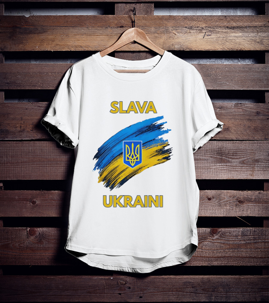 Slava Ukraini Emblem With Blue And Yellow Brush Strokes T-Shirt