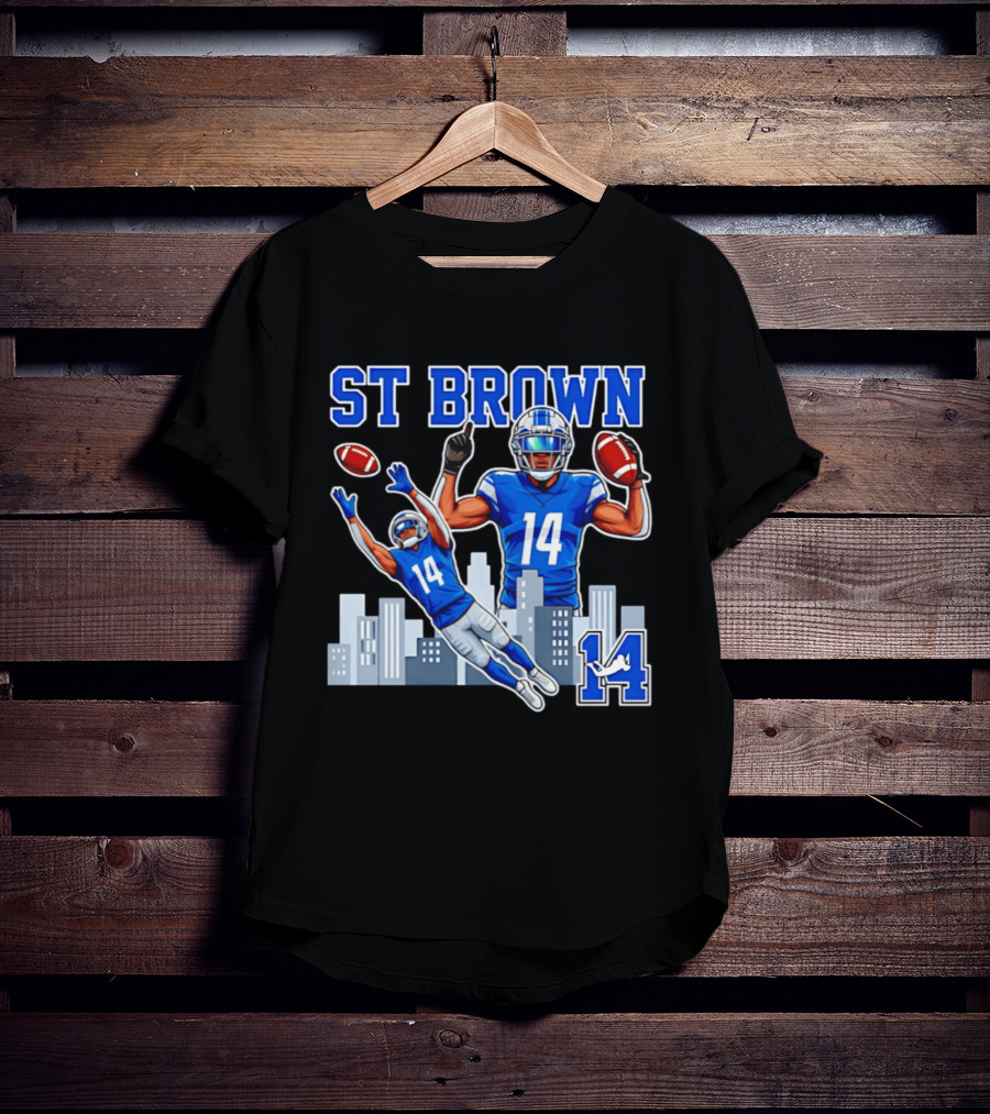 ST Brown 14 Detroit Lions Football City Skyline T-Shirt