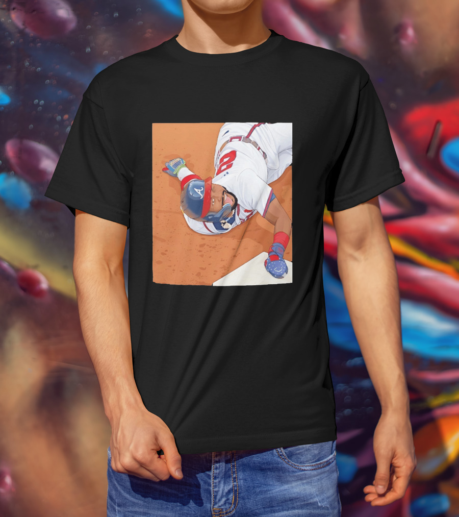 Ronald Acuna Jr Atlanta Braves Outfielder Sliding Baseball Action T-Shirt