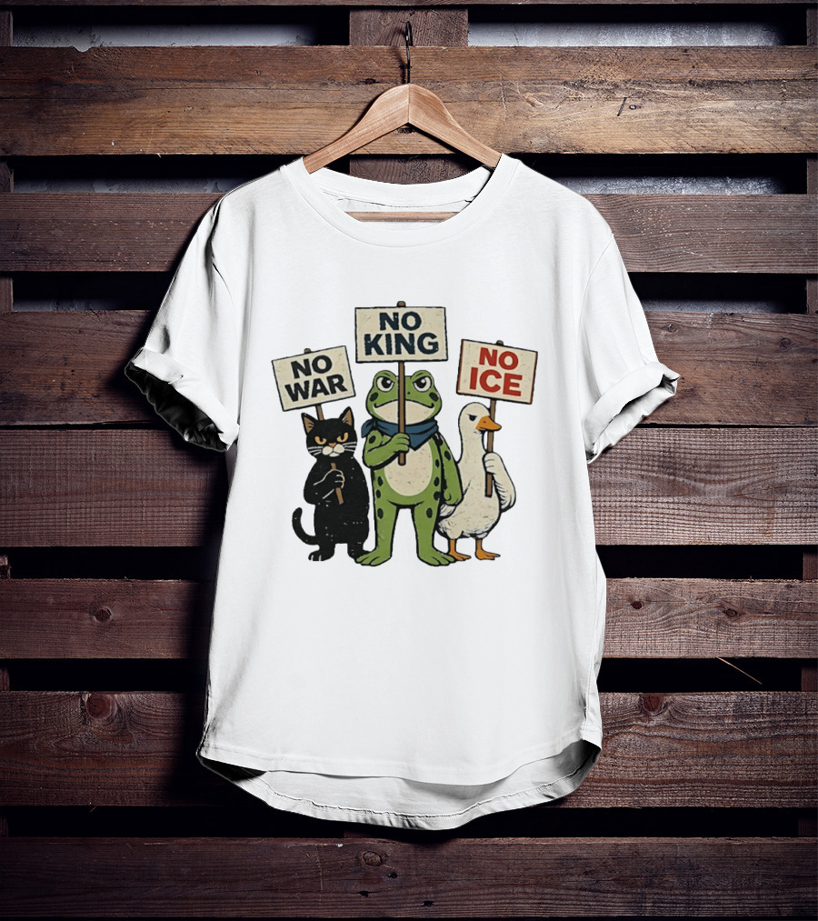 Black Cat Holing No War Frog Holding No King And Goose Holding No ICE Sign T-Shirt