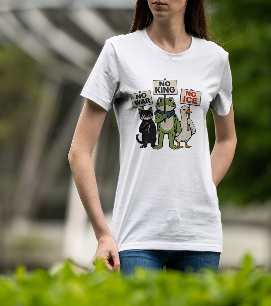 Black Cat Holing No War Frog Holding No King And Goose Holding No ICE Sign T-Shirt