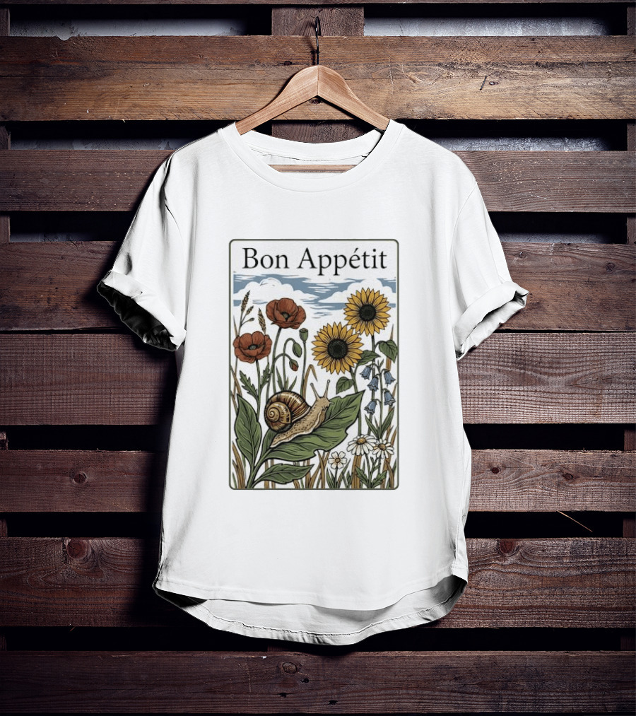 Bon Appétit Floral Snail Sunflowers And Poppies T-Shirt