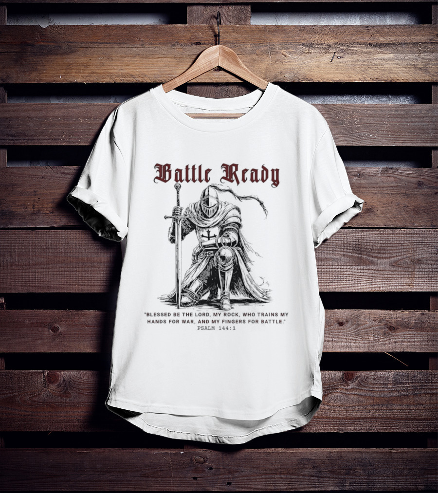 Battle Ready Medieval Knight Kneeling Blessed Be The Lord My Rock Psalm 144 1 T-Shirt