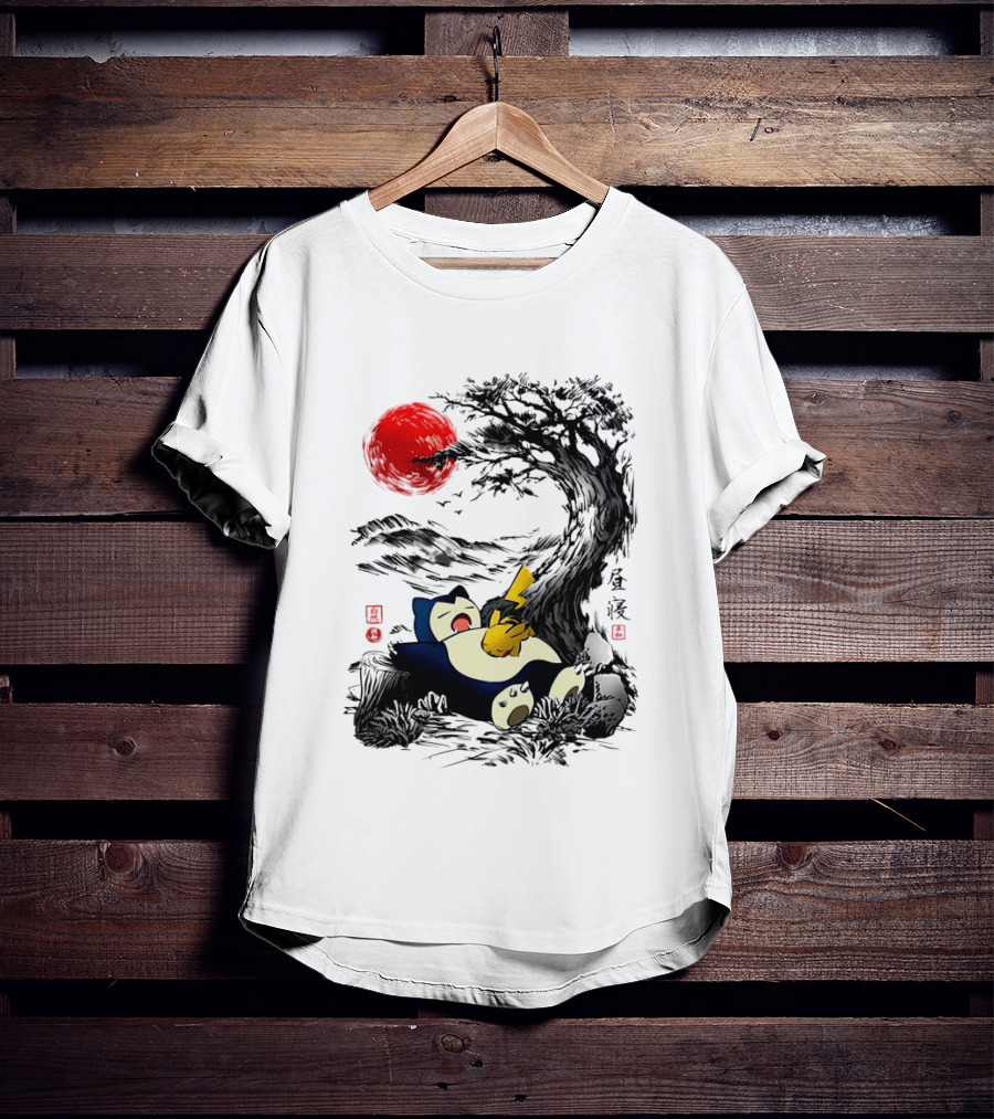 Snorlax Pikachu Napping Under Red Sun Tree T-Shirt