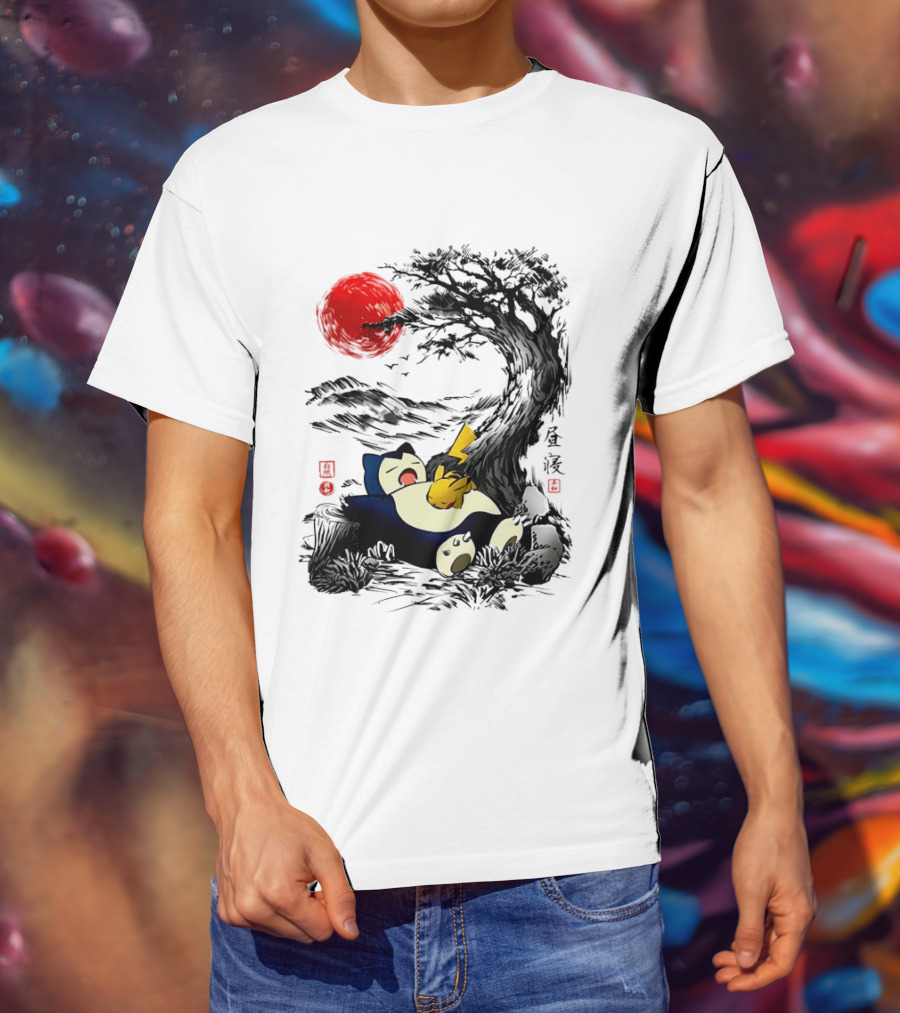 Snorlax Pikachu Napping Under Red Sun Tree T-Shirt
