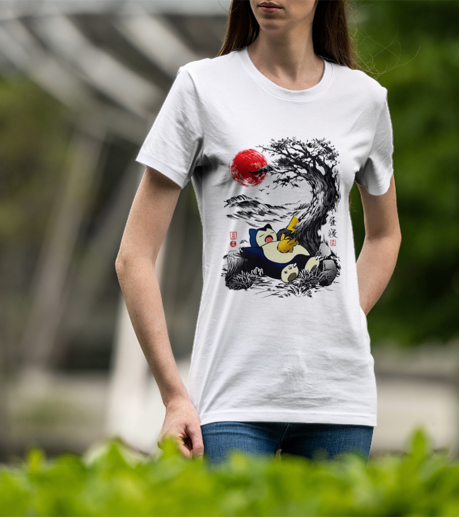 Snorlax Pikachu Napping Under Red Sun Tree T-Shirt