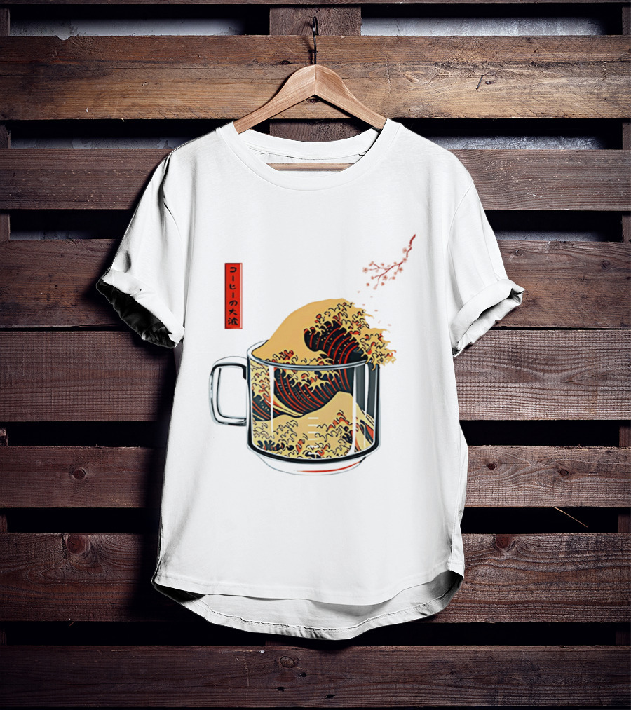 The Great Wave Of Coffee In A Cup With Japanese T-Shirt