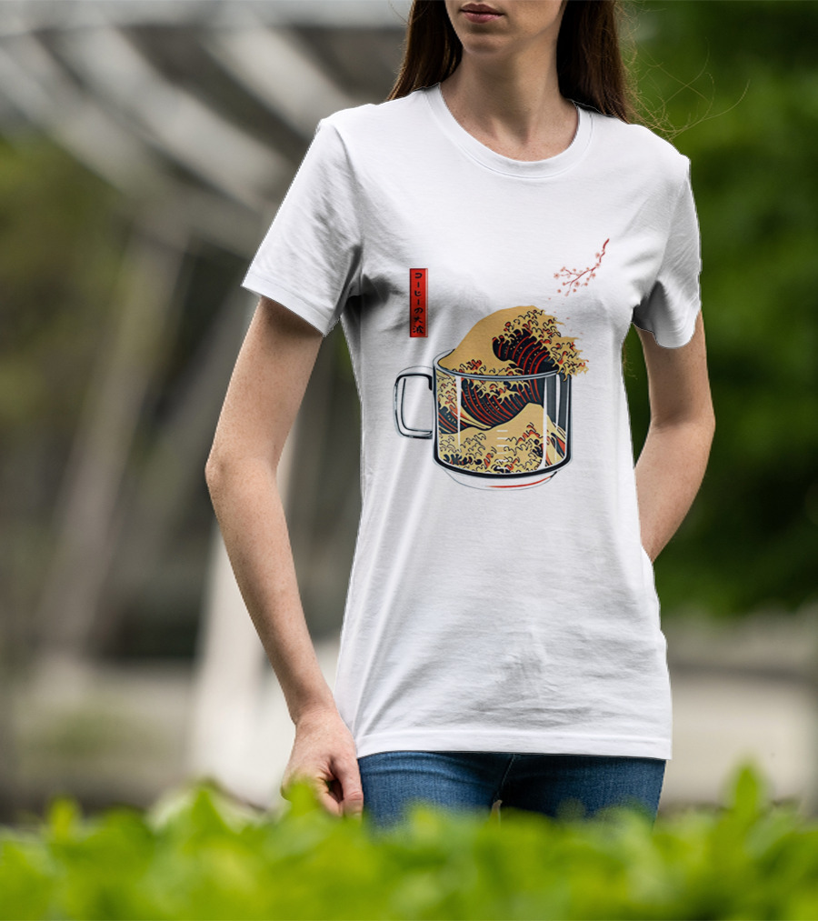 The Great Wave Of Coffee In A Cup With Japanese T-Shirt