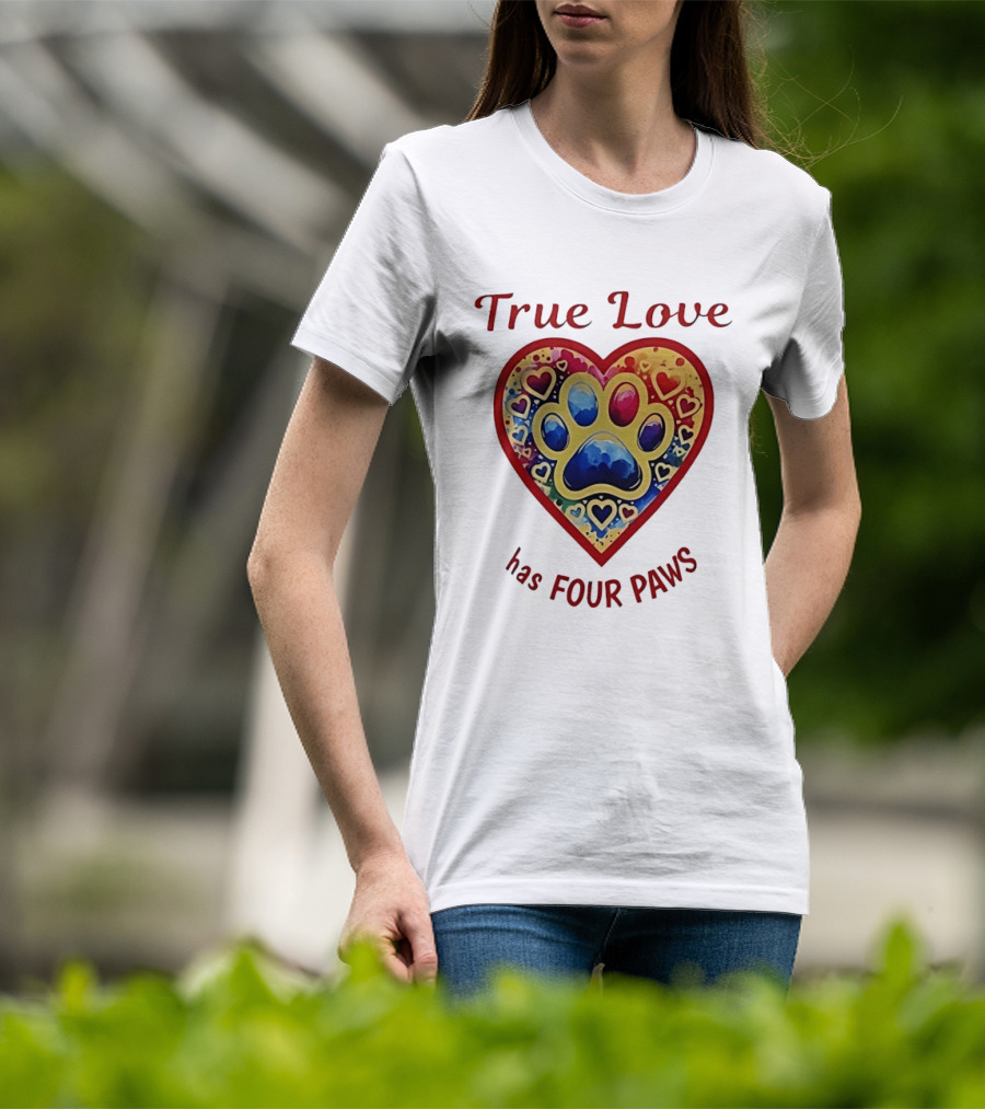 True Love Has Four Paws Heart With Colorful Paw Print And Hearts T-Shirt