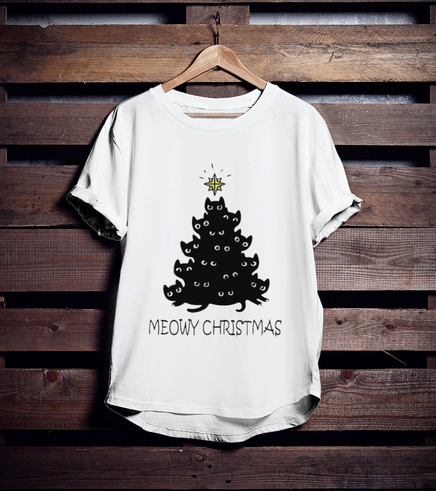 Black Cat Pine Tree Shape Meowy Christmas Star T-Shirt
