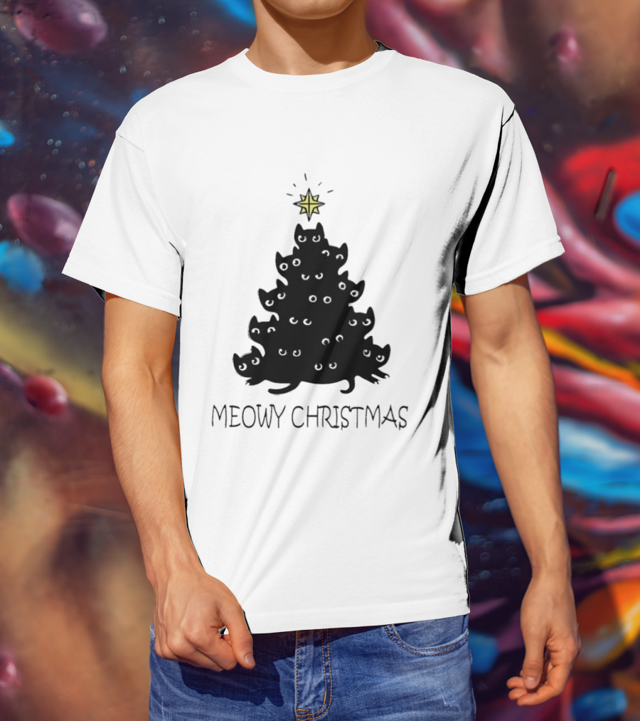Black Cat Pine Tree Shape Meowy Christmas Star T-Shirt