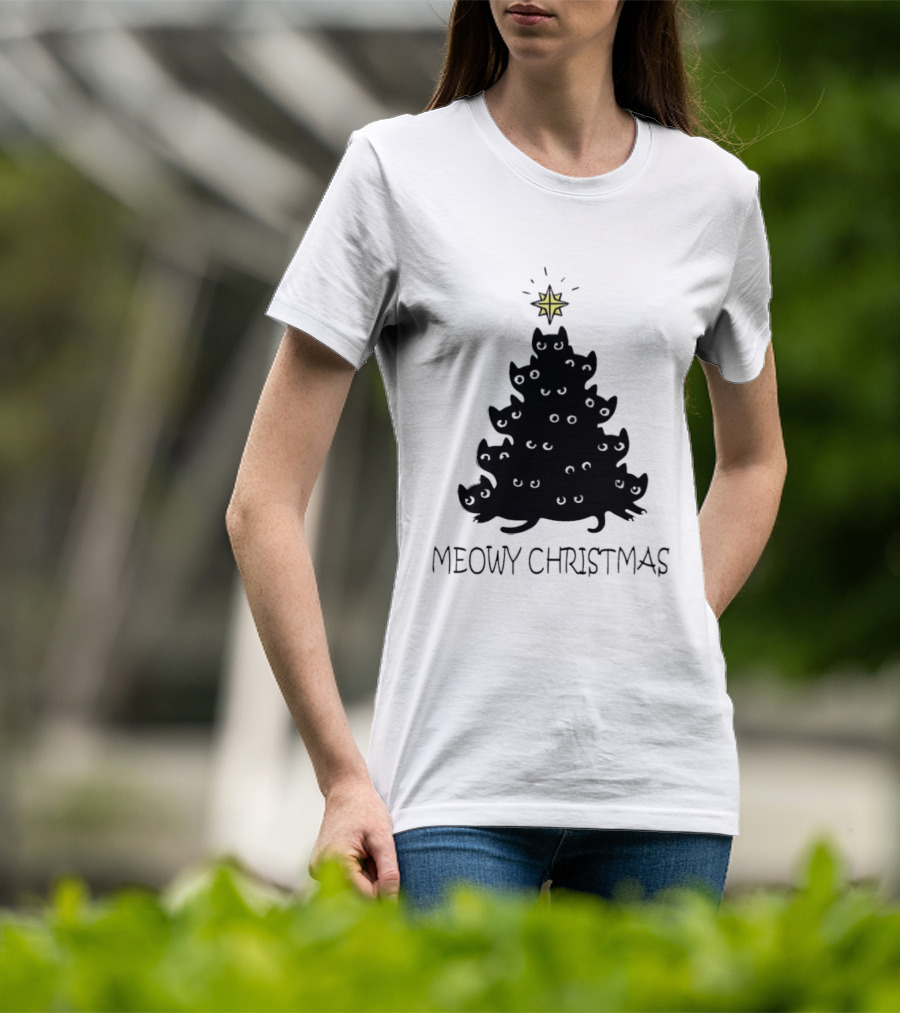Black Cat Pine Tree Shape Meowy Christmas Star T-Shirt
