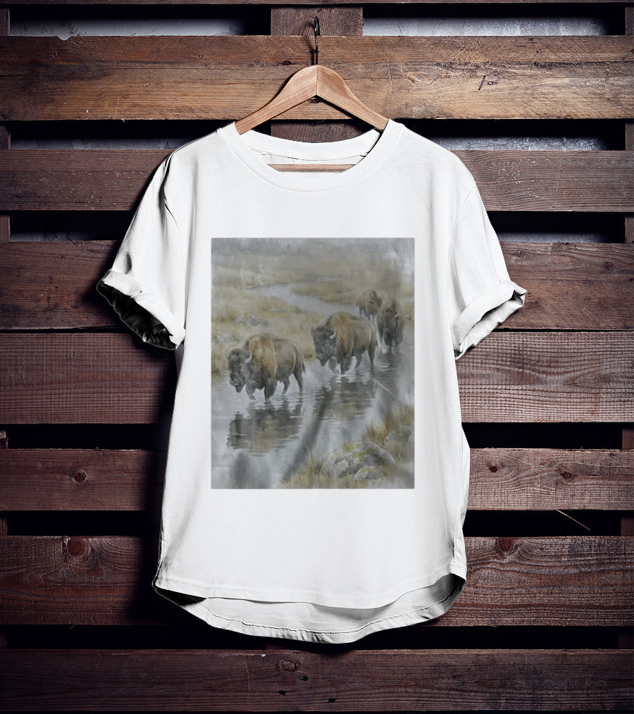 Bison Herd Crossing River On Prairie Landscape Scene T-Shirt
