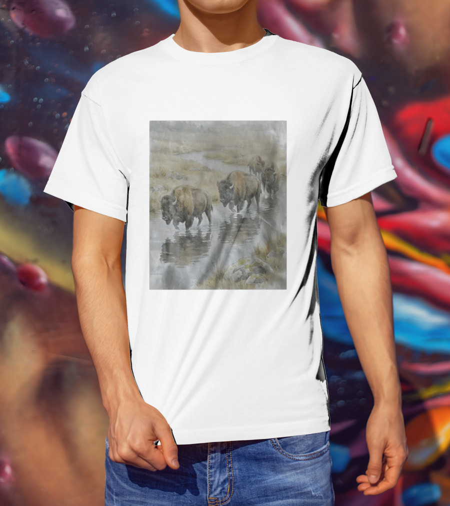 Bison Herd Crossing River On Prairie Landscape Scene T-Shirt