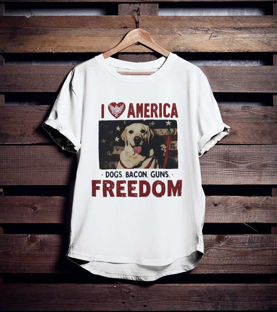 I Love America Dogs Bacon Guns Freedom Labrador Stars And Stripes T-Shirt